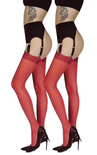 Annes styling Schlichte dünne Damen Strapsstrümpfe für Strapsstrumpfhosen für Strumpfhalter 20 DEN Schlichte, Rosso XL/XXL, Doppelpack von Annes styling
