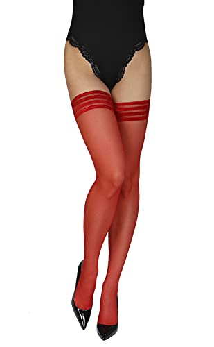 Annes styling Sindis Damen halterlose Strümpfe 15 Denier Anti-Rutsch Silikon Transparenter Oberschenkel Hohes gestreiftes Oberteil, Rosso TG-2 von Annes styling