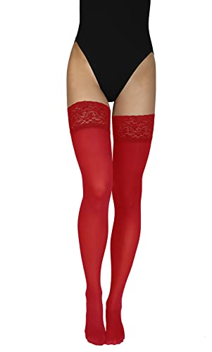 Annes styling Truss 60 DEN Damen Halterlose Mikrofaser Strümpfe mit Spitze Hoch Blickdicht Dessous Strumpfwaren Silikonoberteil, Rosso Gr. TG-5/6 von Annes styling