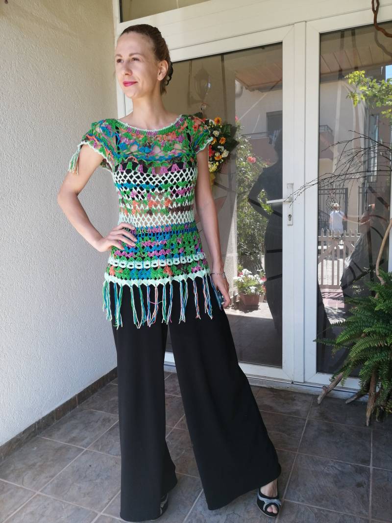 Häkelbluse/Cover Up Und Bluse/Boho Chic Bluse Mit Fransen/Boho Grüne Gr.m Häkelbluse/Cover Up Und Bluse/Boho Chic Bluse Mit Fransen/Boho Grüne Gr.m von AnnesMagicCrochet