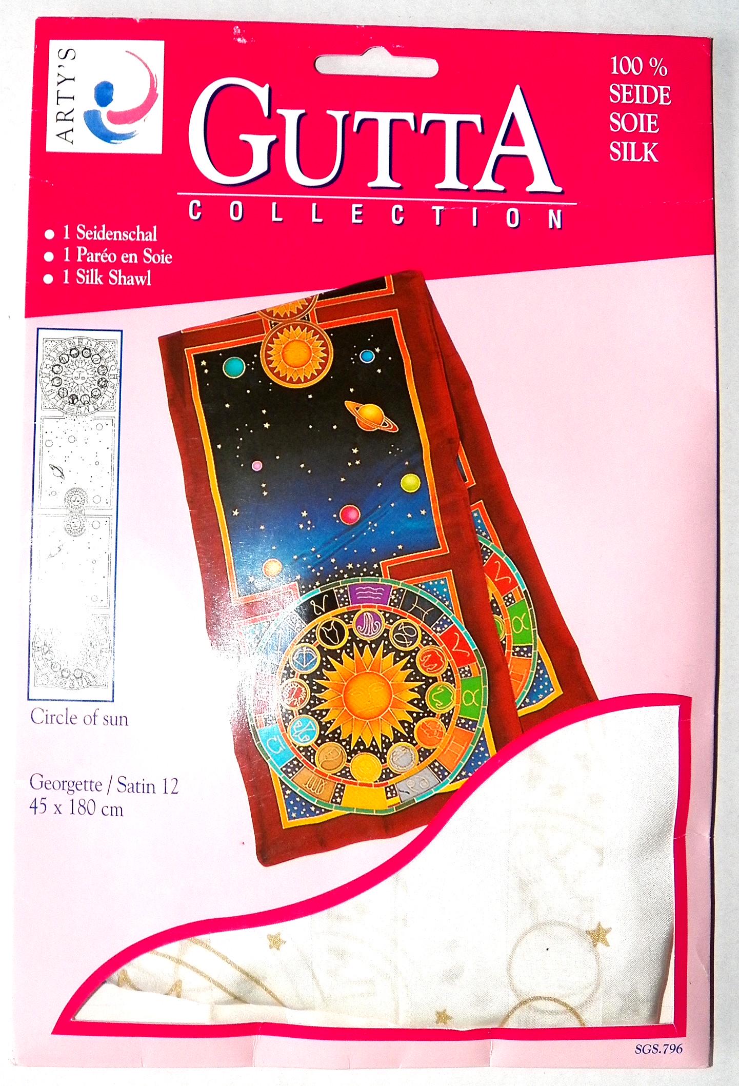 Gutta-Collection, Seidenschal 100 % Seide Georgette/Satin, 45 X 180 cm Mit Goldener Gutta Vorgezeichnetem Motiv "Sonnen" von AnnesSeidendesign