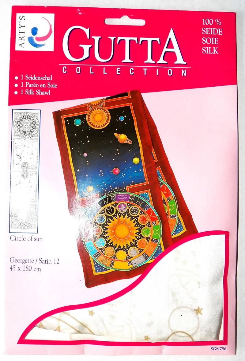 Gutta-Collection, Seidenschal 100 % Seide Georgette/Satin, 45 X 180 cm Mit Goldener Gutta Vorgezeichnetem Motiv "Sonnen" von AnnesSeidendesign