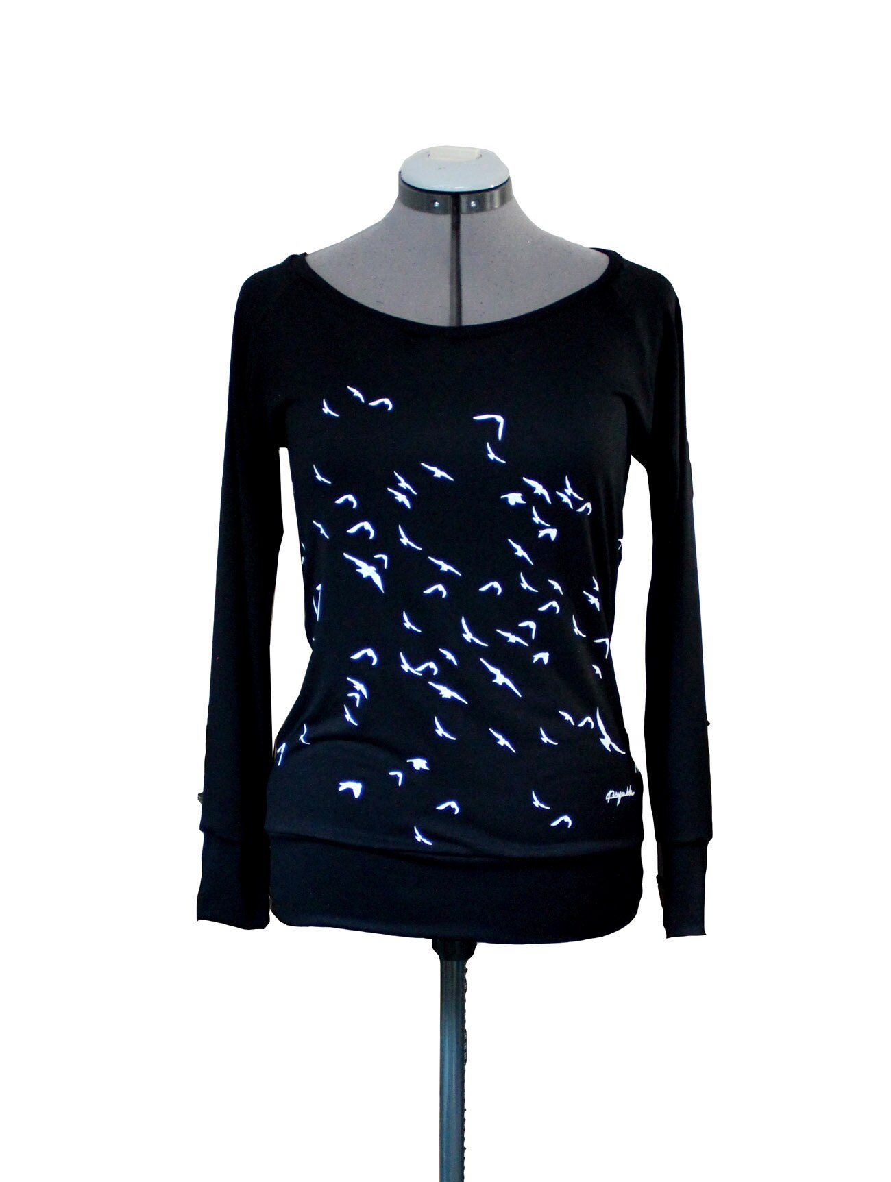 Langarm_Vogelschwarm_Schwarz-Weiß_Siebdruck von AnnetteSpringerStore