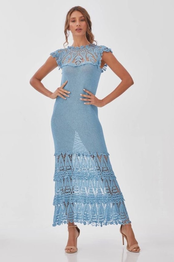 Blaues Langes Häkelkleid Für Damen, Individuelles Häkelhochzeitskleid, Strandkleid/Maßanfertigung von AnnieCrochetFashion