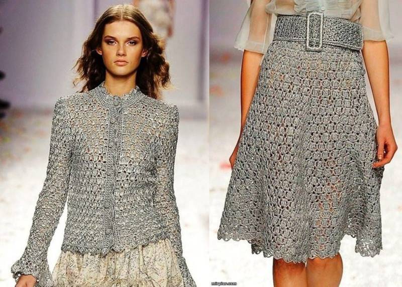 Damen Set Aus Zweiteiliger Jacke Und Rock in Silber Gehäkelt, Eleganter Anzug Silberfarbe/ Auf Bestellung von AnnieCrochetFashion