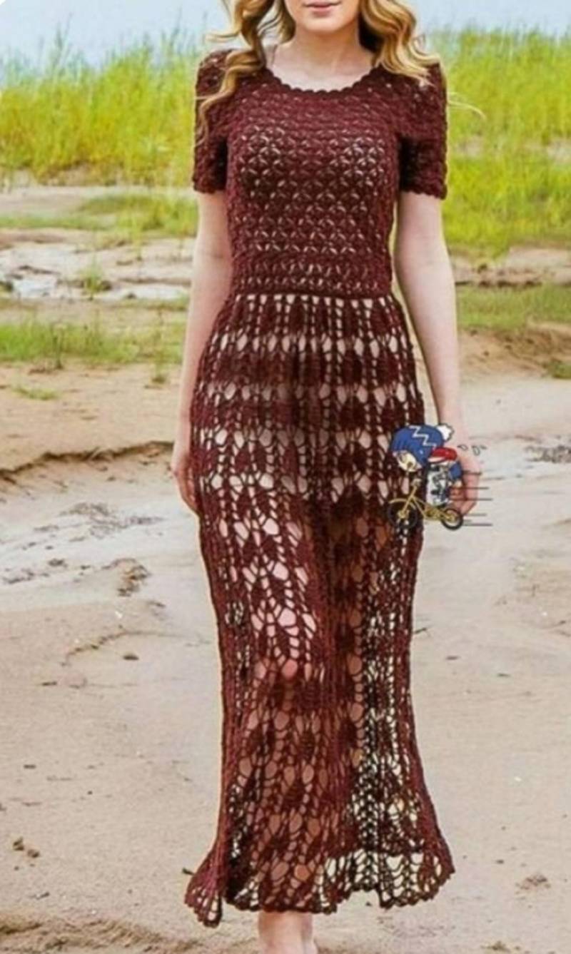 Langes Damenkleid in Brauner Farbe Im Boho-Stil, Gehäkeltes Langes Strandkleid, Hochzeitskleid/Individuell von AnnieCrochetFashion