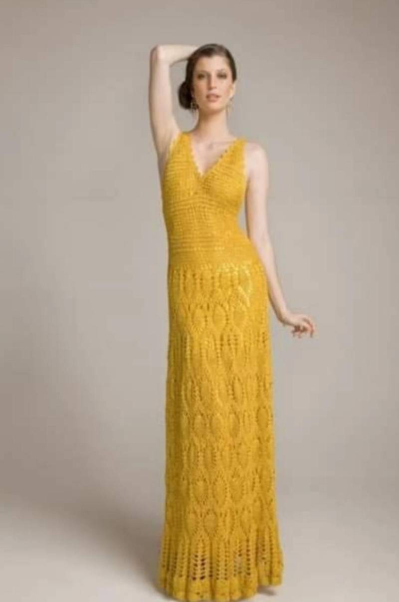 Langes Damenkleid in Gelbgoldfarbe Gehäkelt Hochzeitskleid Offizielles Kleid/Individuell von AnnieCrochetFashion