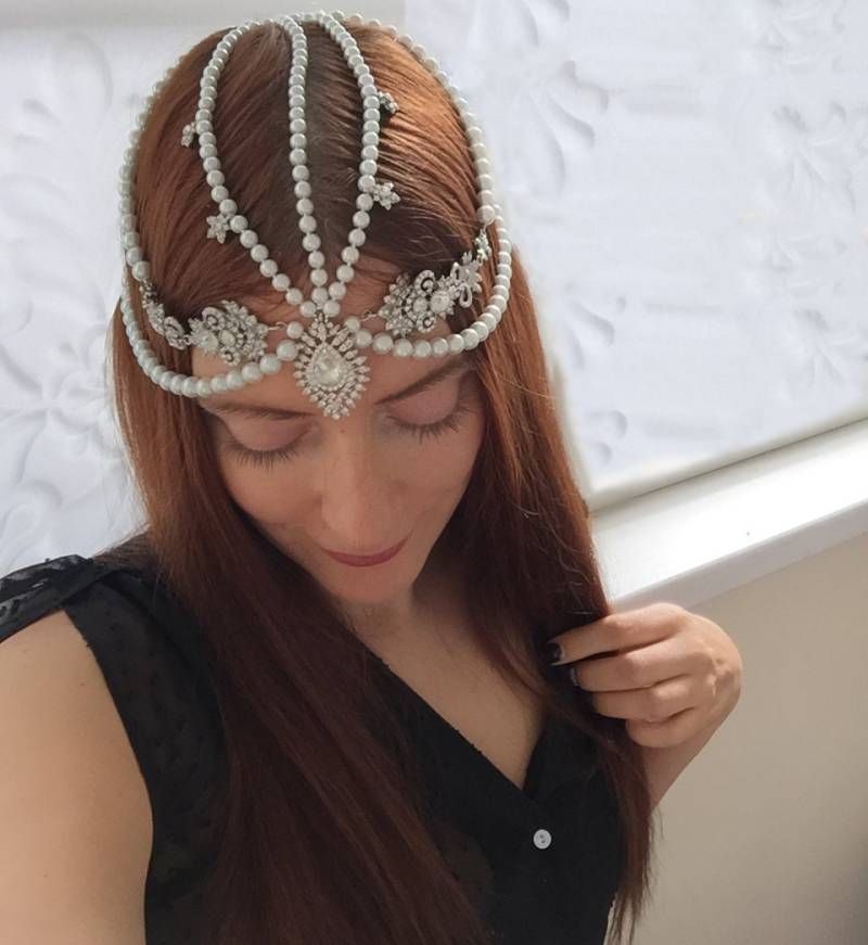 Perlen Braut Stirn⤙Tikka Perle⤙Kette Headpiece⤙Bridal Headpiece⤙Pearl Stirn von AnnieGivaJewelry