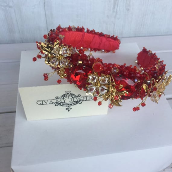 Rote Kristall Tiara⤙Red Kristalle Krone⤙Red Gold Stirnband von AnnieGivaJewelry