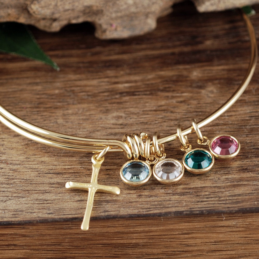Gold Kreuz Charm Armband Mit Geburtssteinen, Oma Geburtsstein Armband, Personalisierter Schmuck, Religiöses Glaube Schmuck von AnnieRehJewelry