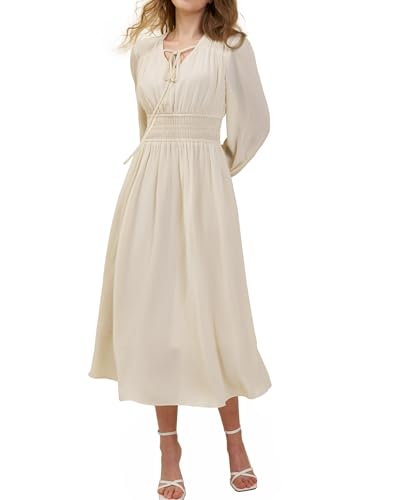 Anniente Damen Chiffon Langarm Midi Kleid Elegant Frühling 2025 V Ausschnitt Casual A-Linie Flowy Kleider mit Taschen, Beige, Mittel von Anniente