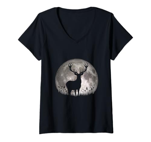 Damen Hirsch beobachtet den Vollmond T-Shirt mit V-Ausschnitt von Anniri Family