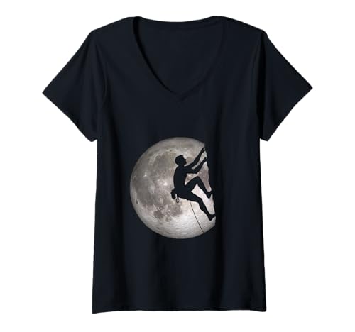 Damen Klettern Mann mit Vollmond T-Shirt mit V-Ausschnitt von Anniri Family
