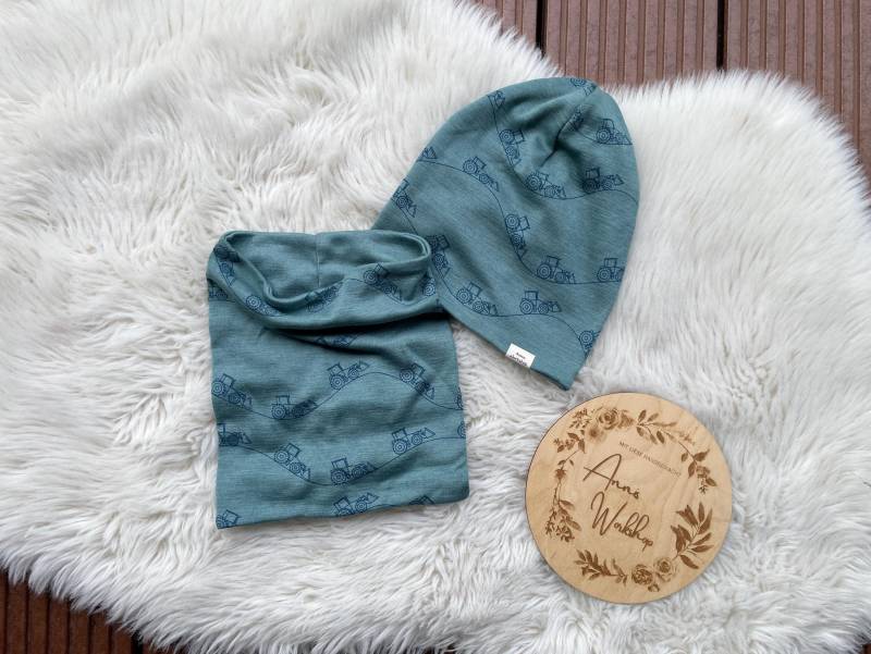 Set Ku 49-51cm, Wolle Seide Mütze Und Loop, Seide, Nachhaltige Kinderkleidung, Beanie, Arctic Blue Radlader, Mit Loop Beanie von AnnisWorkshop