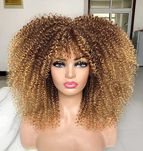 ANNIVIA 16 Zoll lockige Perücken für Frauen Afro lockige Perücke mit Pony Kunstfaser leimlos langes verworrenes lockiges Haar (Ombre Blond) von Annivia