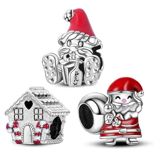 Annmors 925 Sterling Silber Bead Charms für Europäische Armbänder und Halskette Perlen Christmas Santa House mit 5A Zirkonia,Valentinstag,Muttertag,Geschenkanhänger für Frauen Mädchen 3-Stück/Paket von Annmors