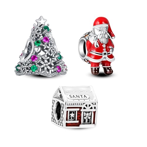 Annmors 925 Sterling Silber Bead Charms für Europäische Armbänder und Halskette Perlen Christmas Santa Tree House mit 5A Zirkonia,Valentinstag,Muttertag,Geschenkanhänger Frauen Mädchen 3-Stück/Paket von Annmors