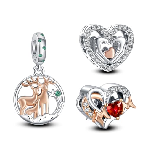 Annmors 925 Sterling Silber Bead Charms für Europäische Armbänder und Halskette Perlen Deer Love Mom mit 5A Zirkonia,Valentinstag,Muttertag,Geschenkanhänger für Frauen Mädchen 3-Stück/Paket von Annmors