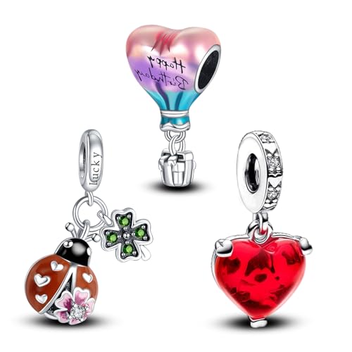 Annmors 925 Sterling Silber Bead Charms Europäische Armbänder und Halskette Perlen Happy Birthday Air Balloon Ladybird mit 5A Zirkonia,Valentinstag,Muttertag,Geschenkanhänger Frauen Mädchen 3-Stück von Annmors