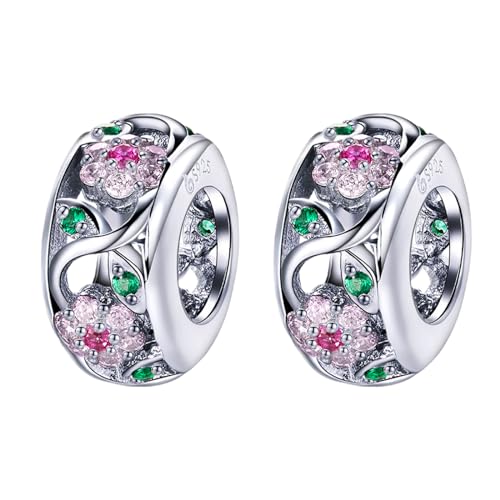 Annmors 925 Sterling Silber Colorful Flowers Stopper für Europäische Armbänder Halskette Perlen mit 5A Zirkonia,Weihnachten,Valentinstag,Muttertag,Geschenkanhänger für Frauen und Mädchen 2-Stück/Paket von Annmors