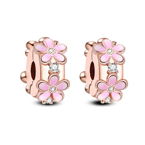 Annmors 925 Sterling Silber Pink Daisy Clips für Europäische Armbänder und Halskette Perlen mit 5A Zirkonia,Weihnachten,Valentinstag,Muttertag,Geschenkanhänger für Frauen und Mädchen 2-Stück/Paket von Annmors