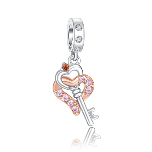 Annmors 925 Sterling Silber Bead Charms für Europäische Armbänder und Halskette Rosegold Heart Key Perlen mit 5A Zirkonia,Weihnachten, Valentinstag, Muttertag, Geschenkanhänger für Frauen und Mädchen von Annmors