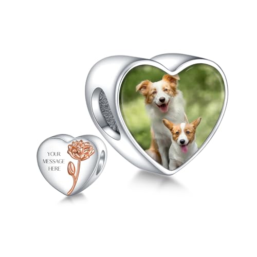 Annmors 925 Sterling Silber Charm Personalisierte Foto Anhänger fit Armband Halskette Maßgeschneiderte Herzform July Larkspur Bild Perle Frauen Mädchen Katzen Hunde Baby Familie von Annmors