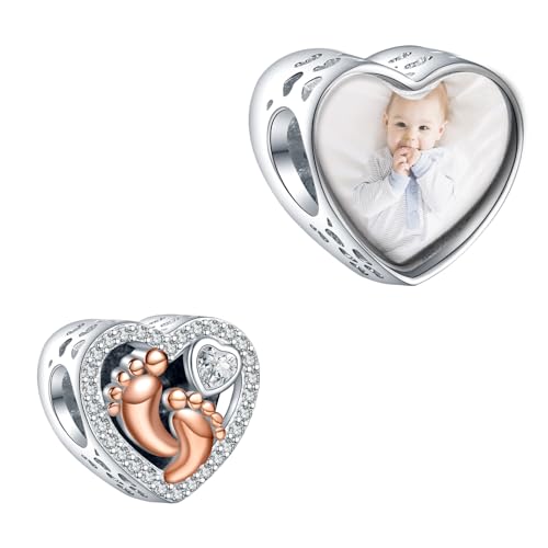 Annmors 925 Sterling Silber personalisierte Foto Charms Fuß Druck Perlen anpassen Bild Herz für Frauen Armbänder und Halsketten Geschenke für Frauen von Annmors