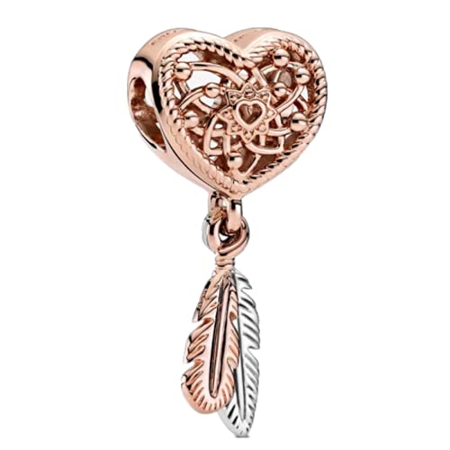 Annmors Aushöhlen Herz Traumfänger Halsketten Charms Feder Anhänger 925 Sterling Silber Sparkling Rosegold Bead für europäische Armbänder und Halskette von Annmors