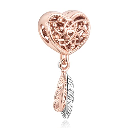 Annmors Aushöhlen Herz Traumfänger Halsketten Charms Feder Anhänger 925 Sterling Silber Sparkling Rosegold Bead für europäische Armbänder und Halskette von Annmors
