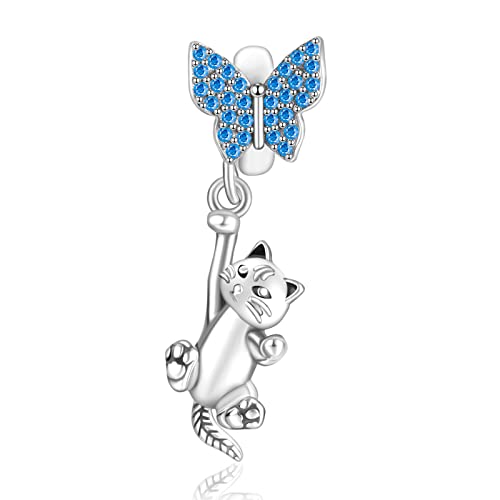 Annmors Charm Butterfly & Cat Dangle Charm Anhänger 925 Sterling Silber Pendant Bead with 5A Cubic Zirconioa für Chamilia und europäische Armbänder und Halskette von Annmors