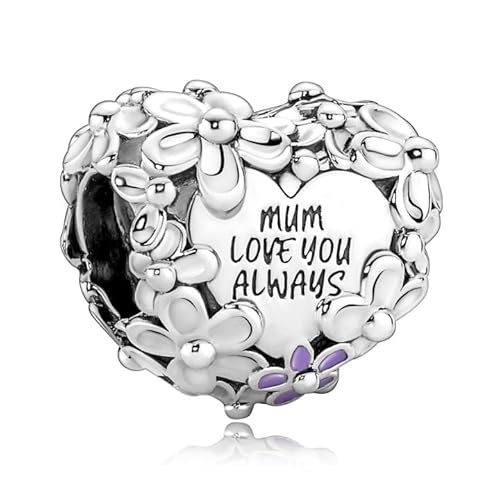 Annmors Charm Mom Daisy Heart Charm Anhänger 925 Sterling Silber Pendant Bead with Cubic Zirconioa für Chamilia und europäische Armbänder und Halskette von Annmors