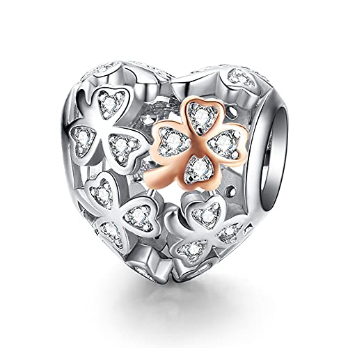 Annmors Charm Rosegold Four leafs Clover Anhänger S925 Sterling Silber Sparkling Bracelet Bead with Cubic Zirconia für Europäische Armbänder und Halskette,Schmuck Geschenk für Damen Herren von Annmors