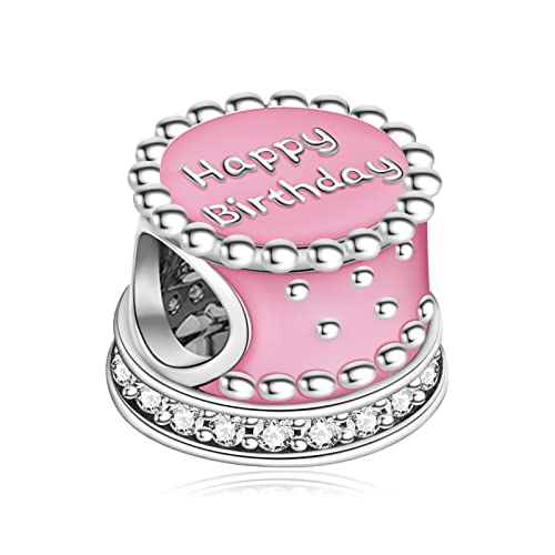 Annmors Charms Happy Birthday Cake Pink Anhänger S925 Sterling Silber Sparkling Bead with Cubic Zirconioa für Europäische Armbänder und Halskette,Schmuck Geschenk für Damen Herren von Annmors