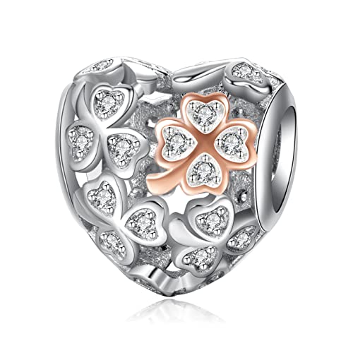 Annmors Charms Rosegold Four leafs Clover Anhänger,S925 Sterling Silber Bead with Cubic Zirconioa für Europäische Armbänder und Halskette,Schmuck Geschenk Christmas für Damen Herren von Annmors