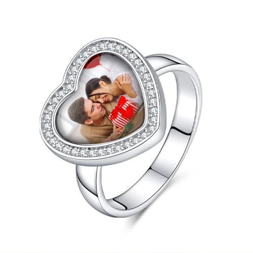 Annmors Frauen Ring Personalisierte 925 Sterling Silber Herz Ring 5A Zirkon DIY Design Foto Ringe Schmuck Geschenk für Familie Freund(8) von Annmors