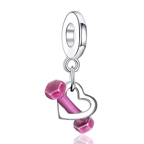 Annmors Jewelry Dumbbell & Heart Charms Feder Anhänger 925 Sterling Silber Sparkling Bead with Cubic Zirconioa für Chamilia und europäische Armbänder und Halskette von Annmors