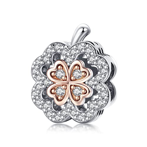 Annmors Jewelry Four Leaf Clover Apple Charms Feder Anhänger 925 Sterling Silber Sparkling Bead with Cubic Zirconioa für Chamilia und europäische Armbänder und Halskette von Annmors