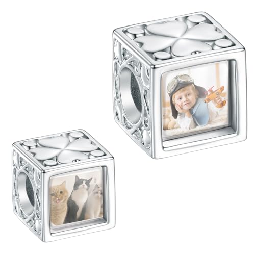 Annmors Kleefel Quadrat personalisiertes Bild Charme 925 Sterling Silber Perlen Fit Damen Armband Halskette Geschenk für Frauen von Annmors