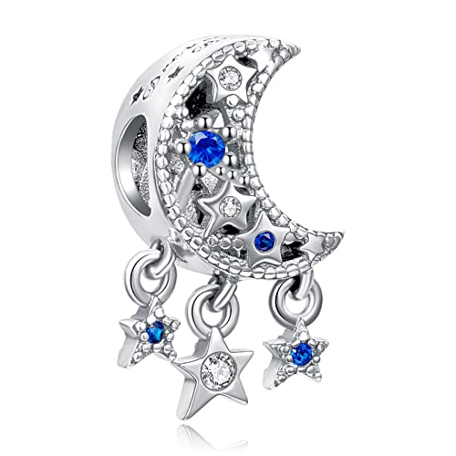 Annmors Star & Crescent Moon Charm Anhänger S925 Sterling Silber Sparkling Bracelet Bead with Cubic Zirconia für Europäische Armbänder und Halskette,Christmas Schmuck Geschenk für Damen Herren von Annmors