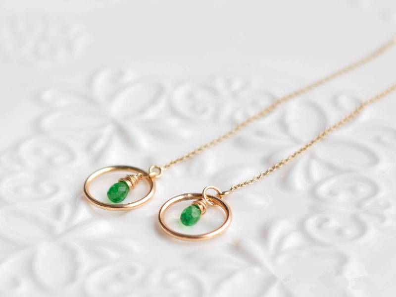 Tsavorite Grün Granat Tropfen Ohrring Wrie Wickeln Thread Teardrop Kleine Reifen Gold Geburtstagsgeschenk Für Sie von AnnoCrafts