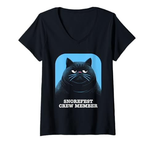 Damen Snorefest-Crew-Mitglied Sarcasm Cat Lustiger Witz zur Arbeit und Familie T-Shirt mit V-Ausschnitt von Annoyed Cat Funny Irony Sarcasm Jokes Workplace