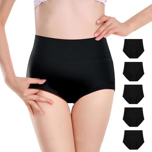 Anntry Damen Komfort Baumwolle Unterwäsche 5er Stück Slip mit hoher Taille Bauchkontrolle Damen Stretch-Höschen Unterhose (Schwarz-1, S) von Anntry