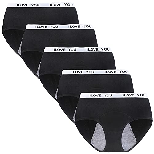 Anntry Teen Mädchen Baumwolle Menstruationshöschen 5er Pack Damen Auslaufsichere Schutzunterwäsche Slips (XL, 5Schwarz) von Anntry