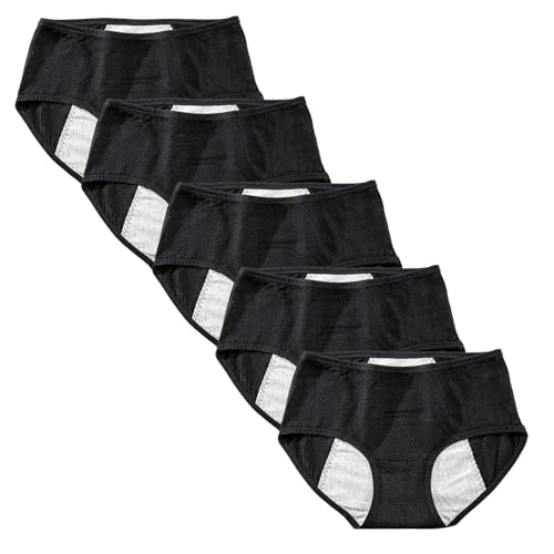 Anntry ​Teenager Mädchen Atmungsaktive Baumwolle Perioden Höschen Packung mit 5 Stück Menstrual Heavy Flow Auslaufsichere Unterwäsche Unterhosen (S, 5Schwarz) von Anntry