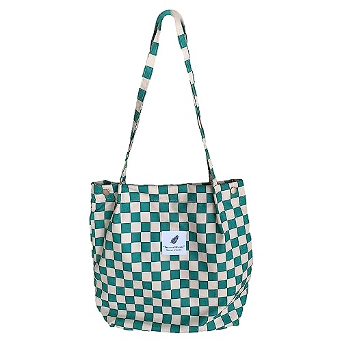 Anopo Cord Taschen Damen Groß Tote Bag mit Innertaschen Lässige Handtasche Umhängetasche Shopper Fashion Stofftasche für Alltag Büro Schulausflug Einkauf Grün Kariert von Anopo