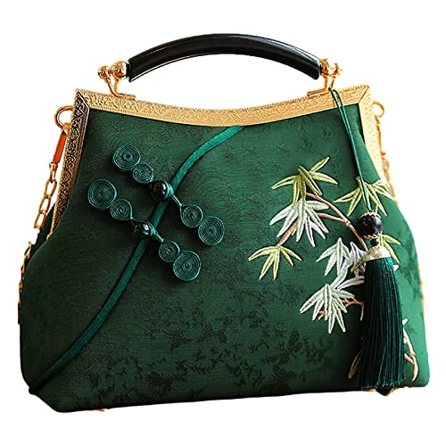 Anopo Damen Bestickte Clutch Chinesischer Stil Vintage Handtasche mit Quaste Anhänger Umhängetasche für Hanfu Cheongsam Dunkelgrün von Anopo