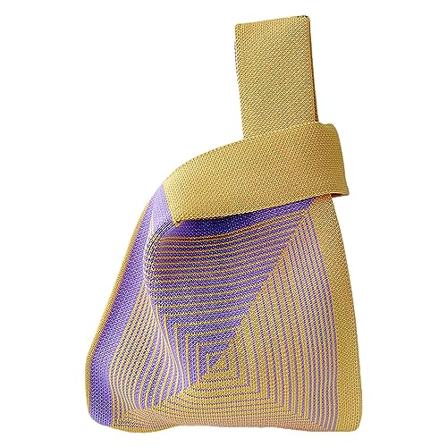 Anopo Damen Geknotete Gewebte Tasche Klein Gehäkelt Handtaschen Niedlich Ästhetisch Blume Portemonnaie Handgelenk Tasche Gestrickt Mode Tragetasche Gestreift Violett Gelb von Anopo