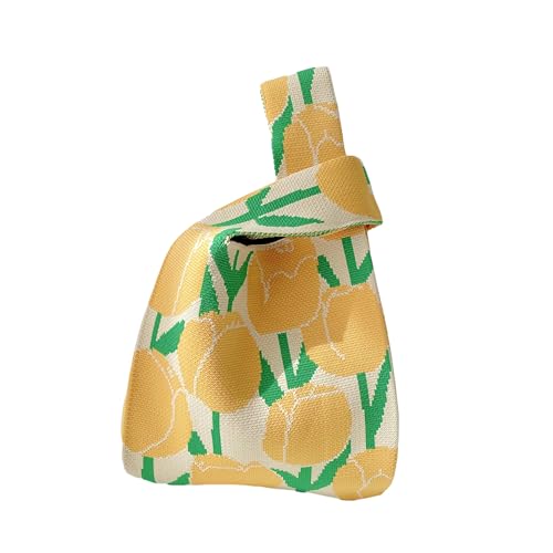 Anopo Damen Geknotete Gewebte Tasche Klein Gehäkelt Handtaschen Niedlich Ästhetisch Blume Portemonnaie Handgelenk Tasche Gestrickt Mode Tragetasche Tulpen Gelb von Anopo