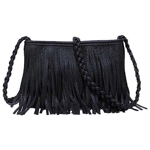 Anopo Fransen Crossbody Geldbörse für Damen Quaste Messenger Tasche PU-Leder Schultertasche Hobo Umhängetasche Fransentasche Schwarz von Anopo
